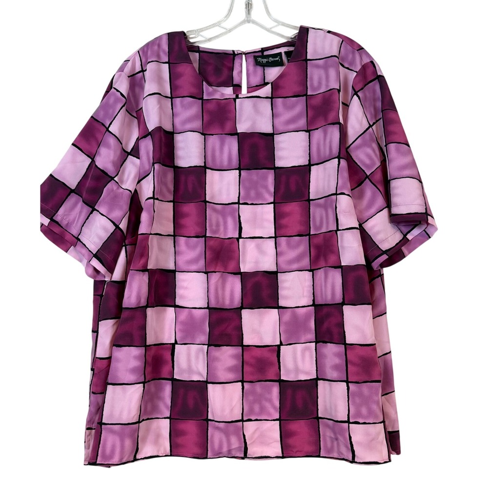 Maggie Barnes Womens 2X Purple Pink Geometric Grid Short Sleeve Blouse Barbie
